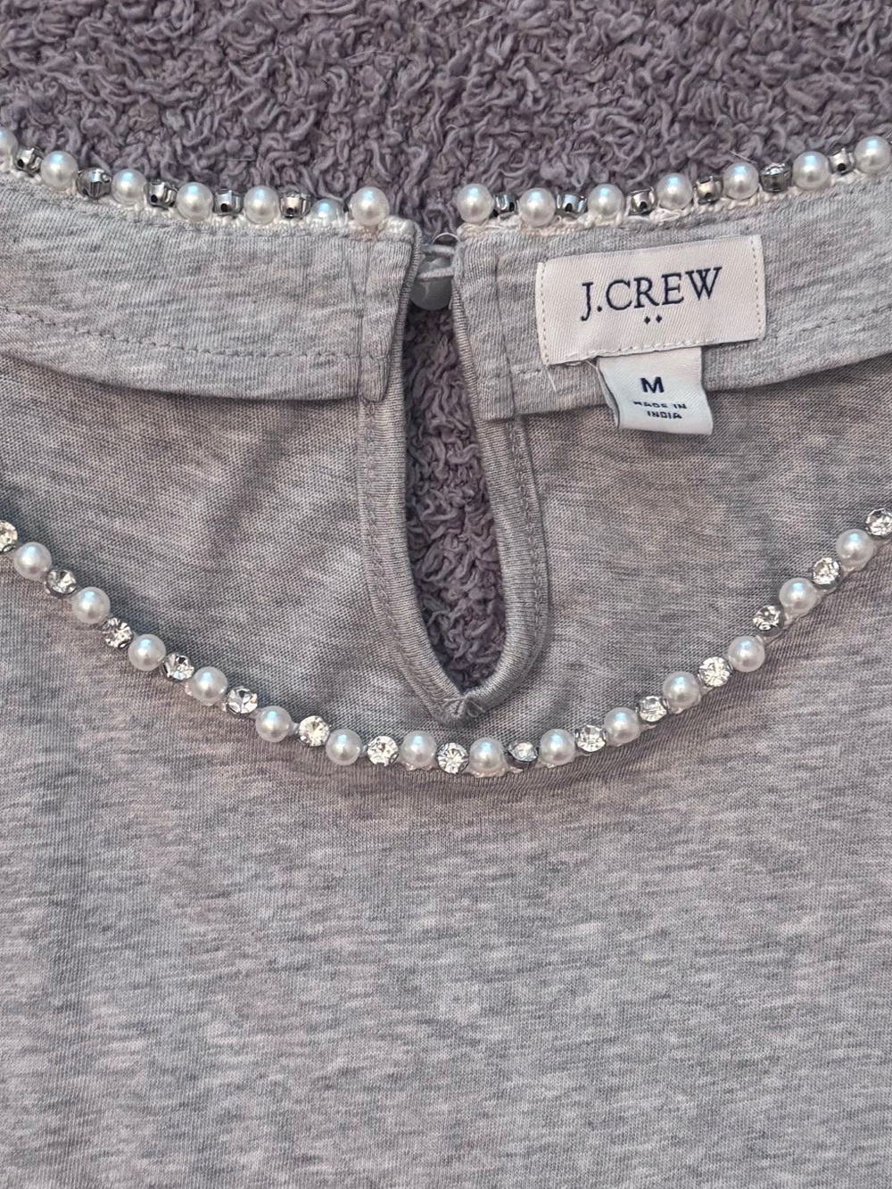 J. Crew Factory Gray Short Sleeve Tee with Pearl and Rhinestone Trim